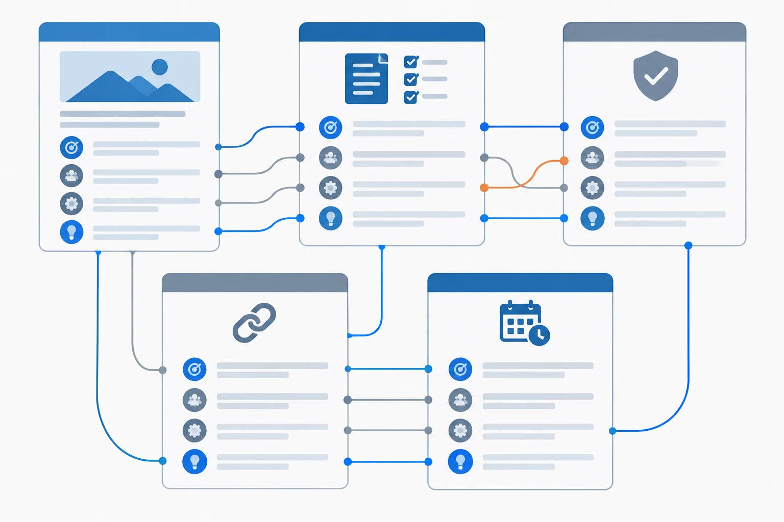 Diagrama com cinco seções de uma proposta conectadas por linhas; uma conexão incompatível está destacada.