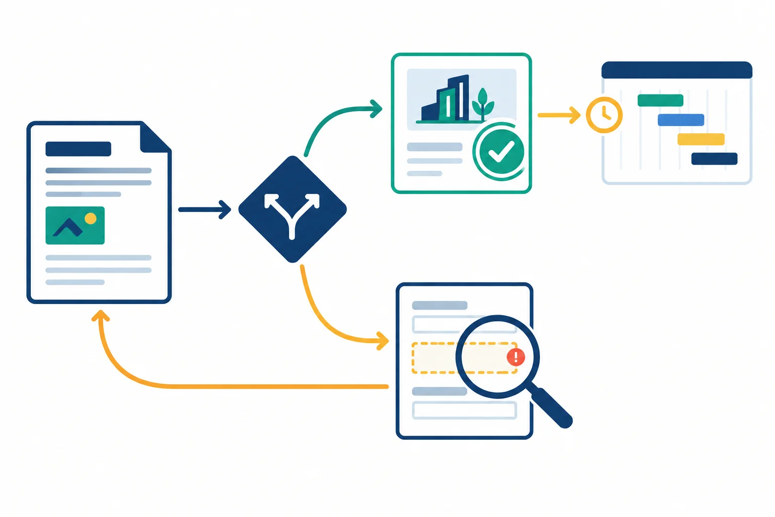 Diagrama com uma proposta chegando a um ponto de decisão: um caminho pede aprovação delimitada e outro pede uma informação ausente antes da avaliação.