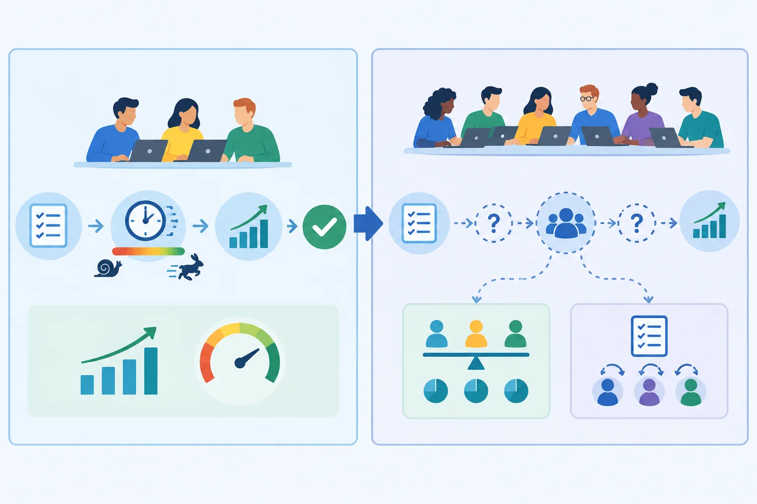 Diagrama separando o resultado medido em um piloto de um possível impacto em uma equipe maior, condicionado à manutenção das mesmas condições.