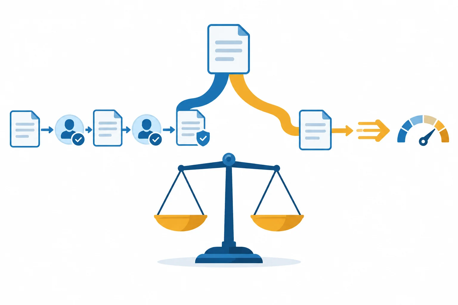 Diagrama de bifurcação entre uma revisão em duas etapas, associada a mais controle de qualidade, e o fluxo atual, associado a rapidez e capacidade imediata.