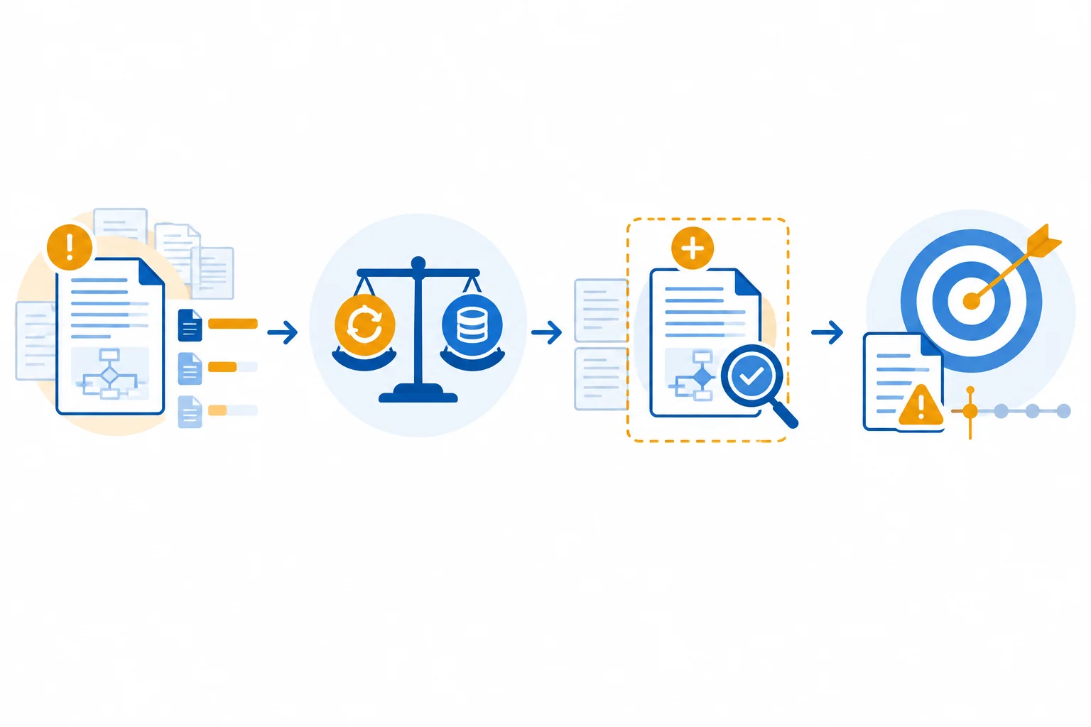 Diagrama mostrando um achado sobre retrabalho em materiais complexos ligado a uma ação limitada de revisão adicional e à finalidade de detectar problemas mais cedo.