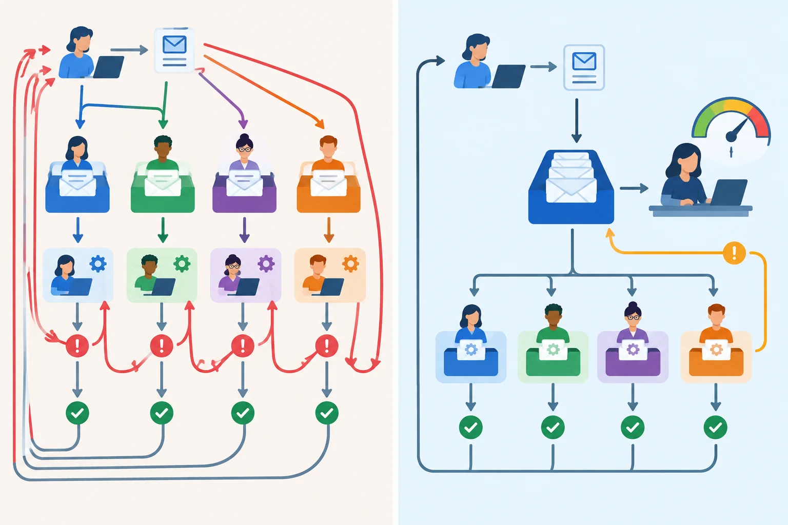 Diagrama comparando fluxo descentralizado com muitos retornos e fila centralizada com menos retornos, porém com um indicador de capacidade.