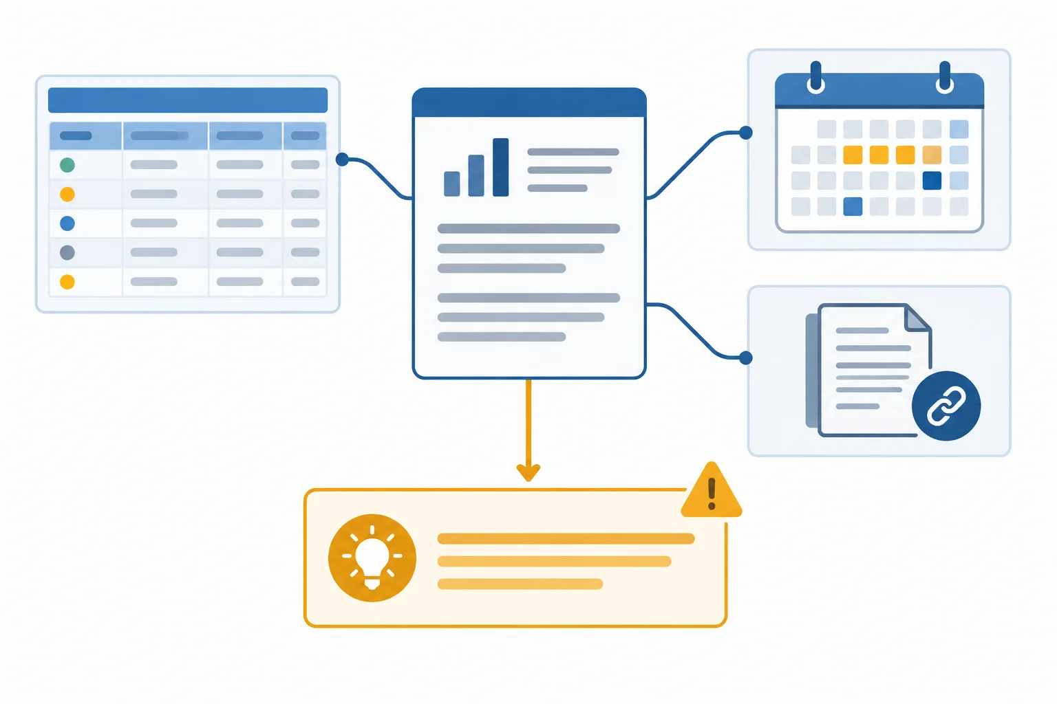 Diagrama mostrando uma afirmação executiva ligada a uma tabela de dados, a um período, a uma fonte e a uma ressalva próxima da recomendação.