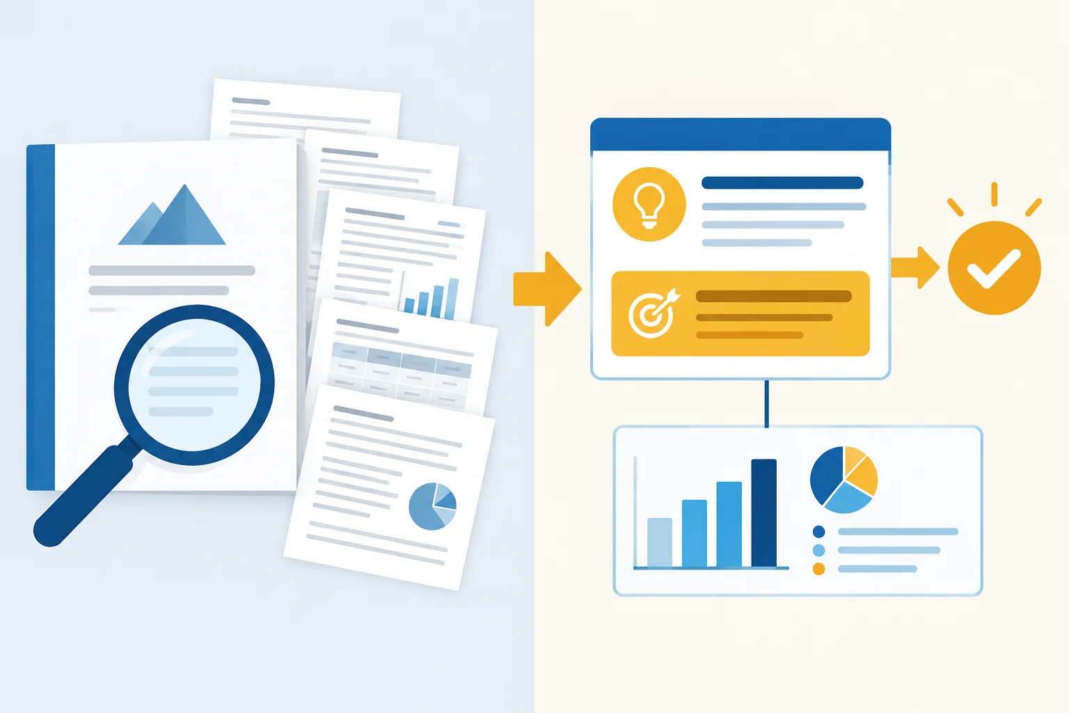 Comparação visual entre um texto que obriga o leitor a procurar a conclusão no relatório e um resumo que mostra a conclusão e a ação recomendada de imediato.