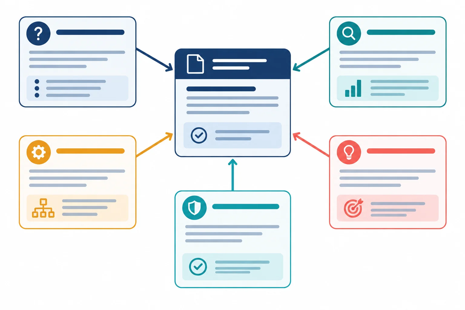 Diagrama com uma decisão central ligada a cinco passagens funcionais de um relatório.