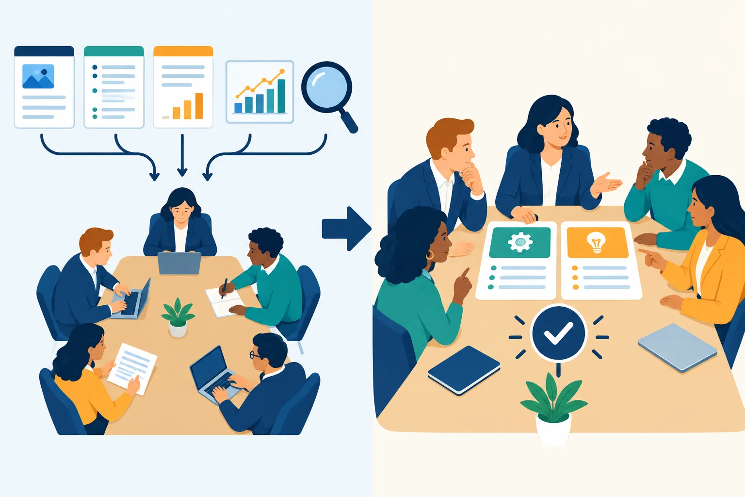 Diagrama mostrando documentos e análise prévia alimentando uma discussão em reunião que resulta em comparação de opções e decisão.