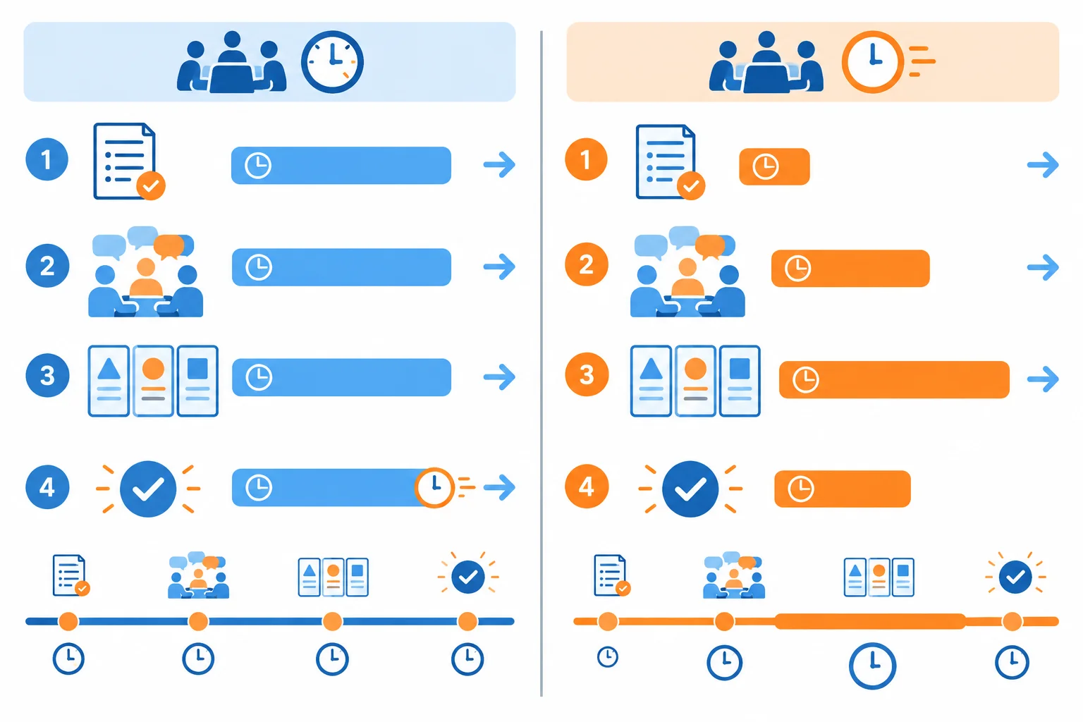 Comparação entre uma pauta que divide o tempo igualmente e outra que dá mais tempo à escolha entre alternativas.