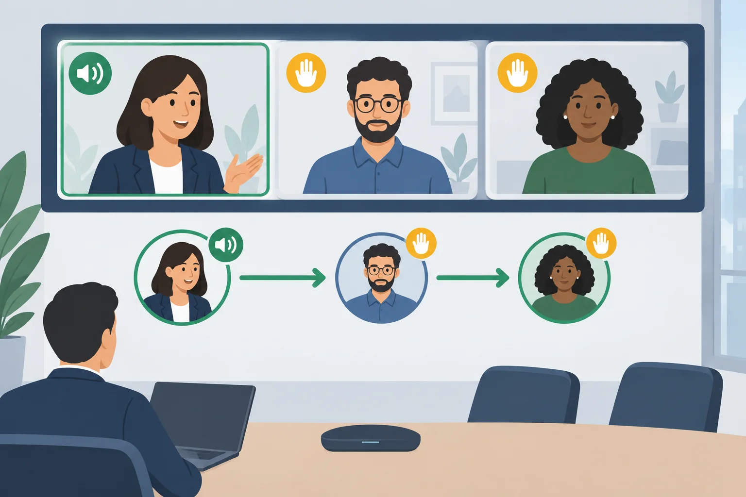 Diagrama de uma reunião com a pessoa que fala agora e duas solicitações de fala organizadas em sequência.