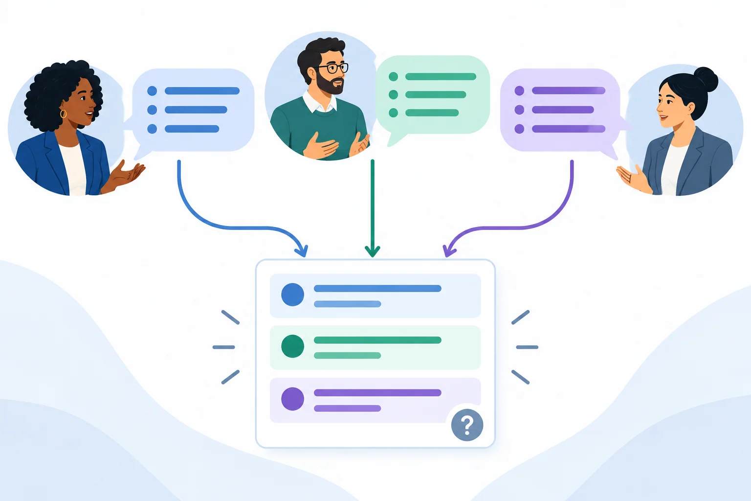 Diagrama mostra três contribuições distintas chegando a uma síntese do facilitador que mantém os fios separados e abre espaço para verificação.