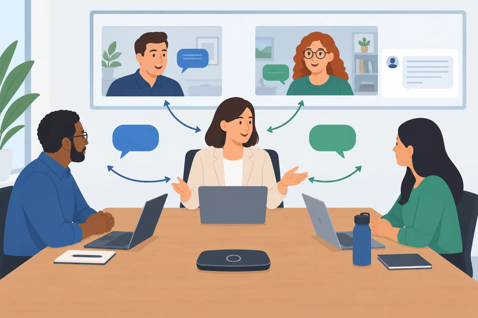 Diagrama de uma reunião híbrida com participantes presenciais, remotos, chat e facilitador conectando as contribuições.