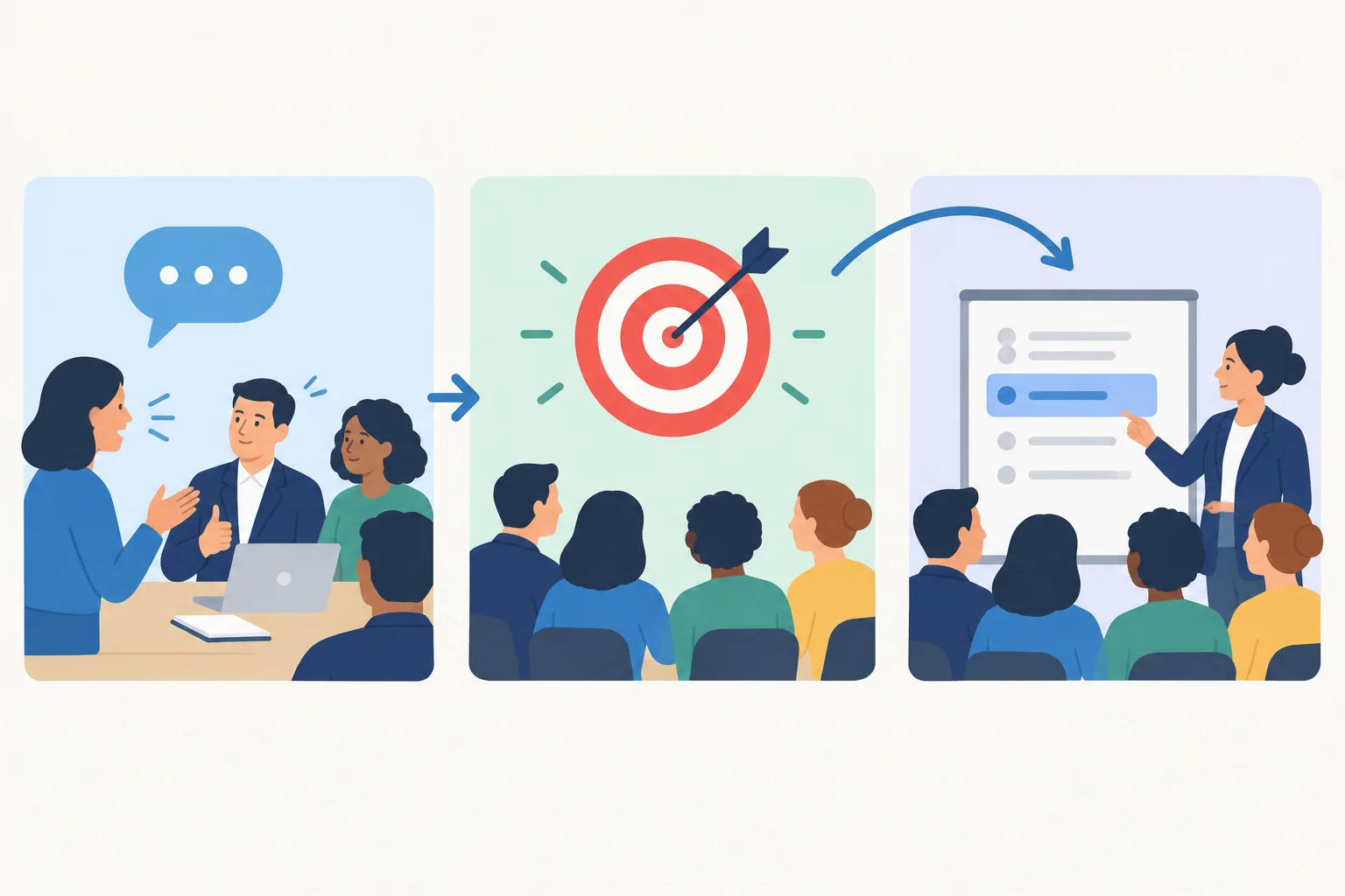 Diagrama em três etapas: reconhecer uma fala, conectar ao resultado do item e redirecionar a discussão.