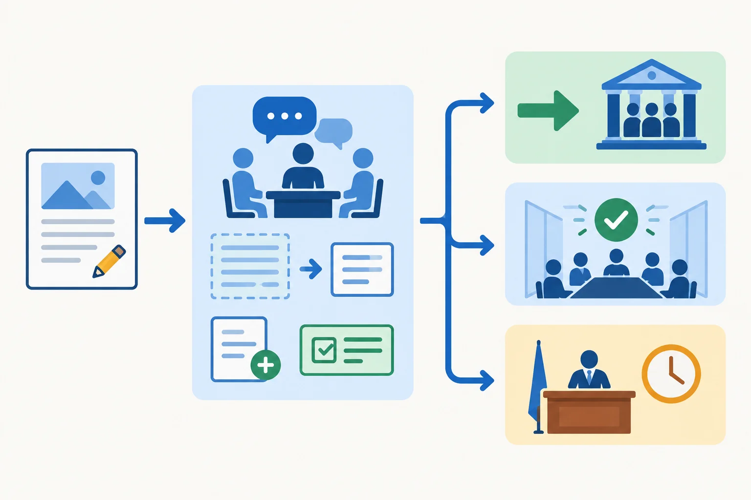 Diagrama mostrando uma proposta ajustada na discussão e três desfechos: recomendação, decisão dentro da autoridade e aprovação pendente.