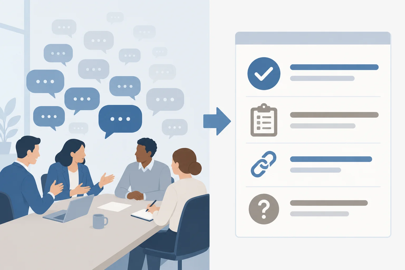 Diagrama mostra falas repetidas sendo reduzidas e quatro tipos de informação preservados: resultado, providência, justificativa essencial e questão aberta.