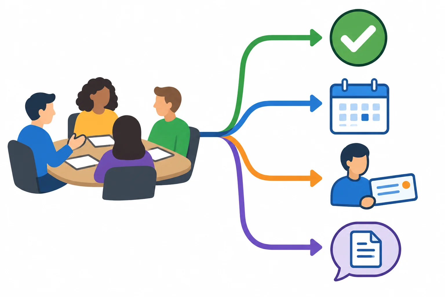 Diagrama com quatro resultados de uma discussão: aprovação, adiamento, atribuição de tarefa e solicitação.
