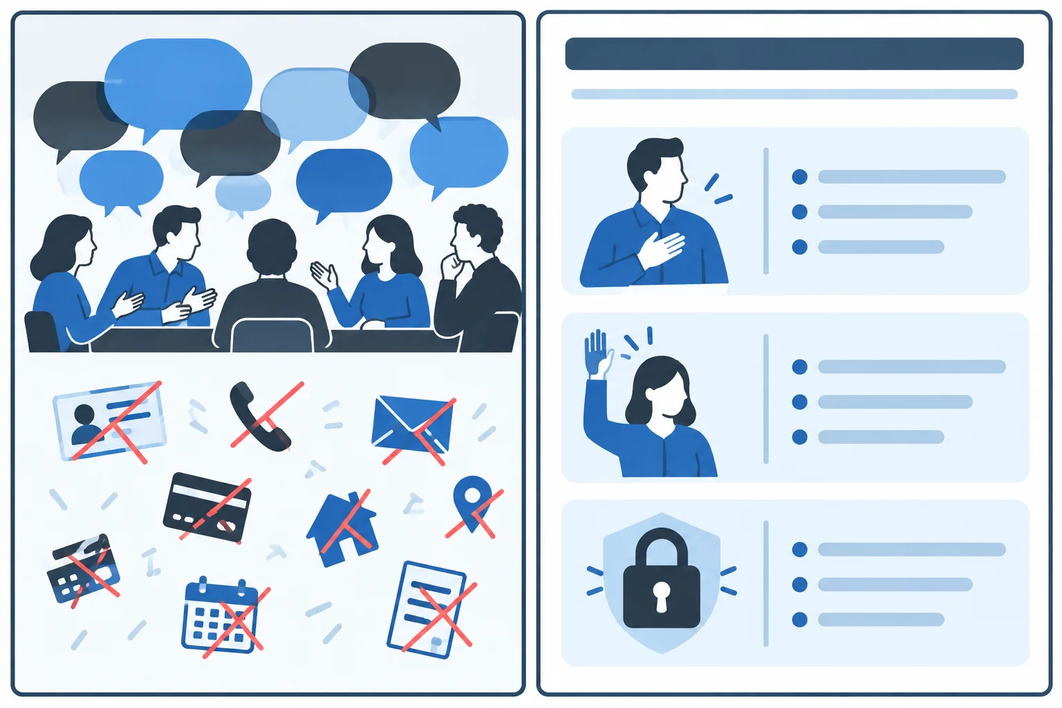 Comparação visual entre conversa cheia de comentários e uma síntese curta que preserva compromisso, reserva e discrição.