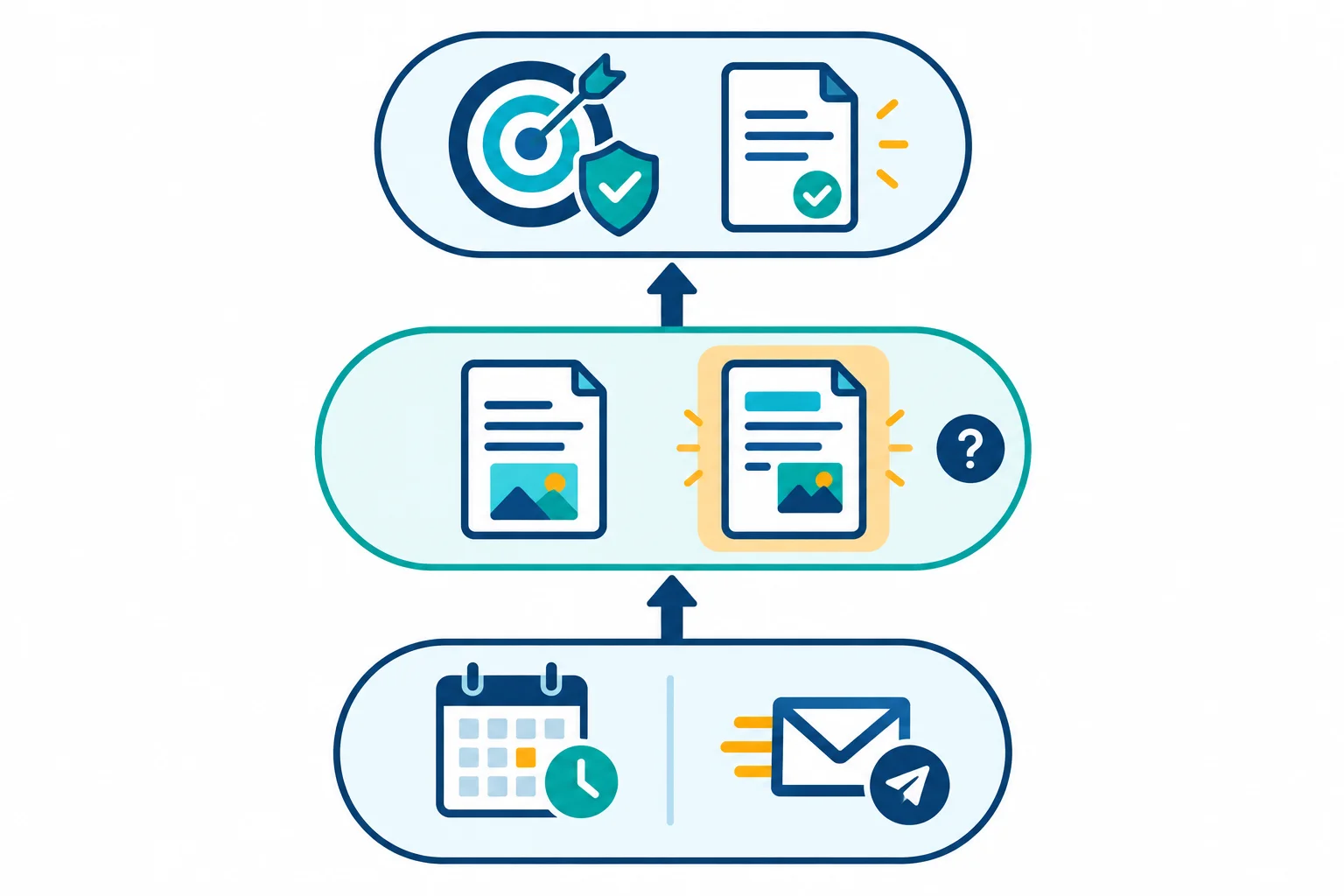 Diagrama em três camadas: resultado essencial no topo, preferência no meio e solução inicialmente solicitada na base; uma seta liga a solução ao resultado e um ponto de interrogação indica flexibilidade ainda desconhecida.