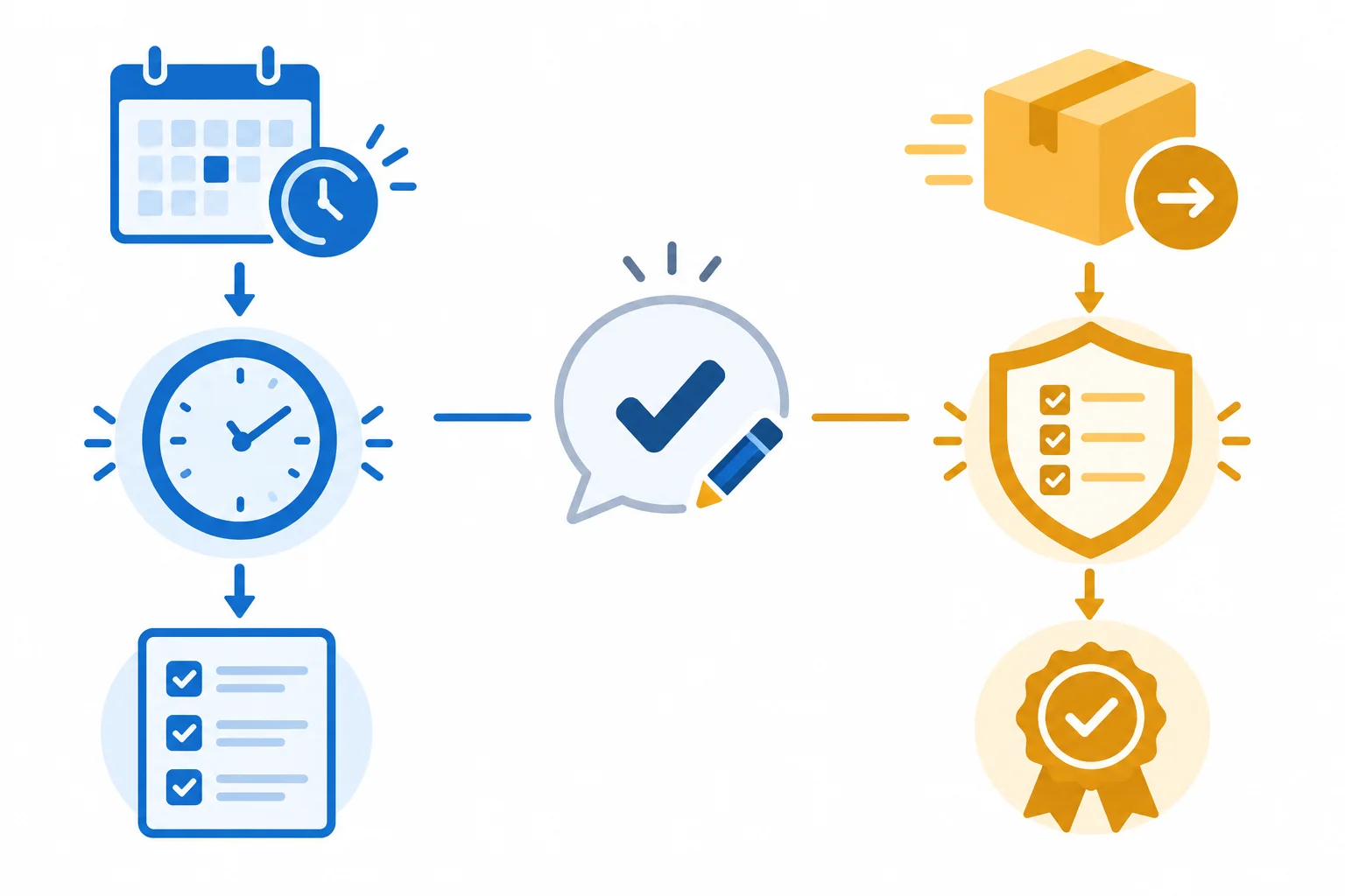 Diagrama com duas partes: o pedido de prazo leva à necessidade de tempo de revisão; o pedido da equipe leva à preocupação com qualidade. Entre elas, há um convite neutro para confirmar ou corrigir.