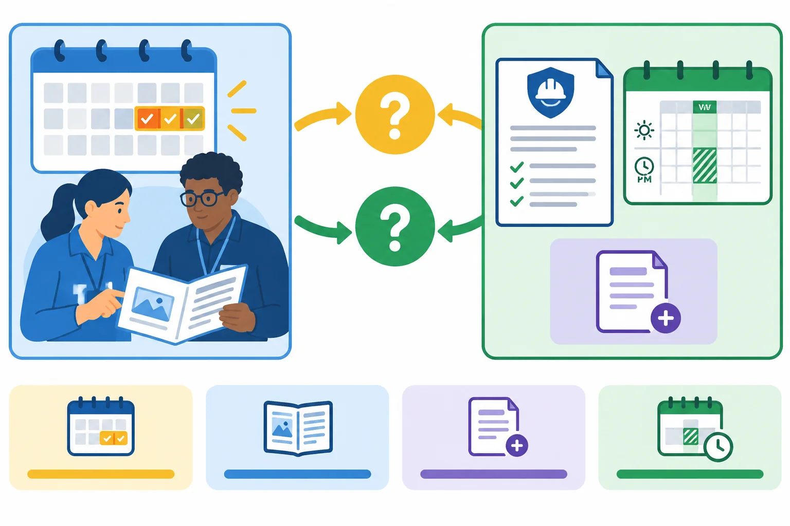 Diagrama com duas equipes, calendário de quinta e sexta, instrutores revisando um guia, seção de segurança, janela de disponibilidade do revisor e pontos de interrogação para informações pendentes.