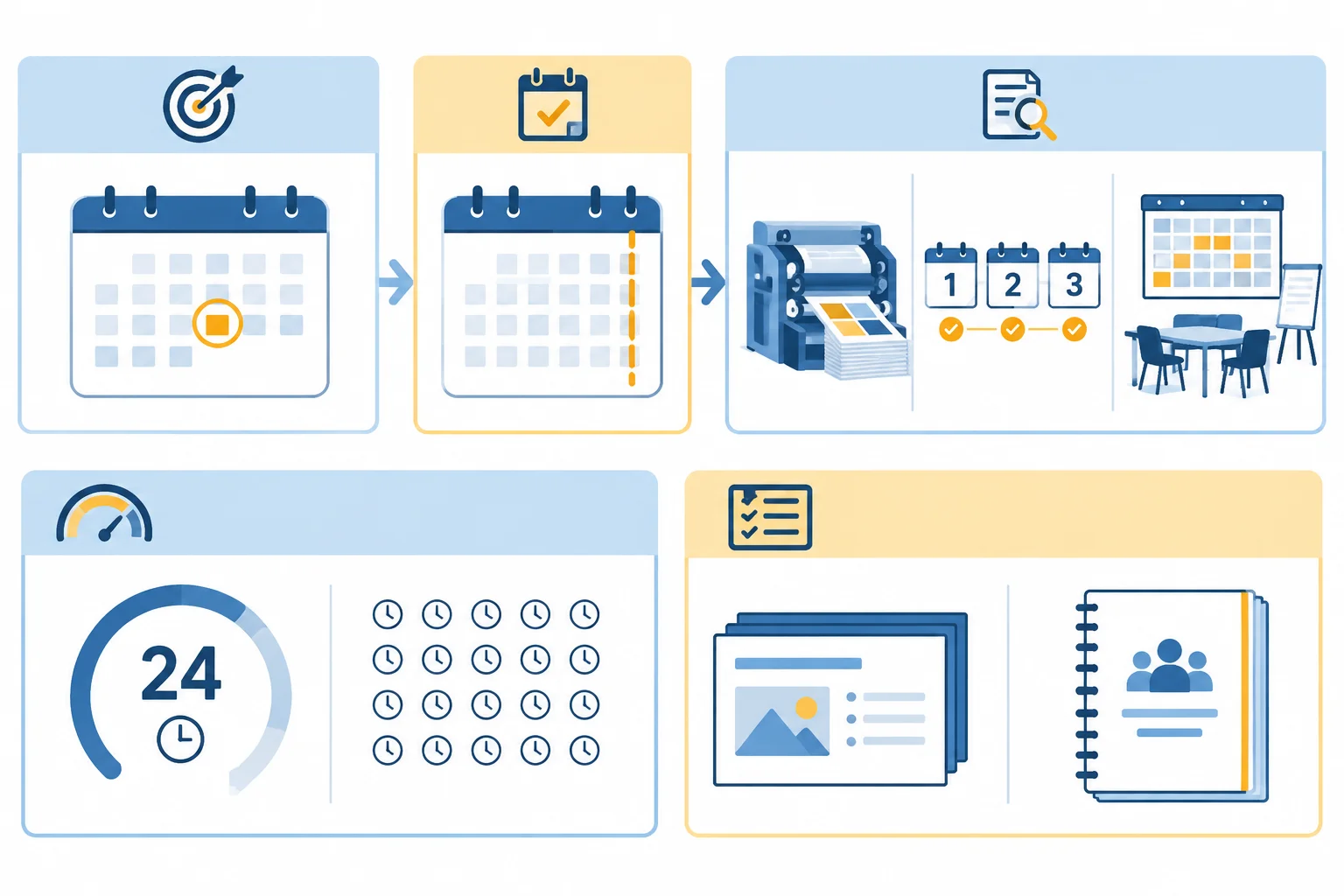 Esquema visual que conecta data desejada, data-limite viável, requisito de impressão, capacidade disponível e escopo mínimo.