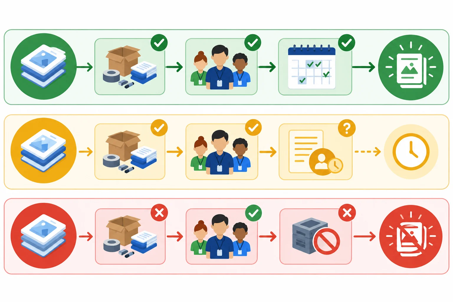 Diagrama compara uma alternativa confirmada, uma possibilidade que depende de aprovação e uma opção bloqueada por falta de recurso.