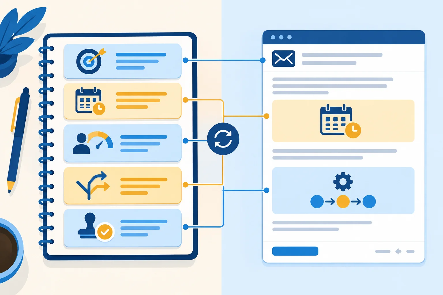 Diagrama compara um registro interno detalhado com uma mensagem externa concisa e coerente.
