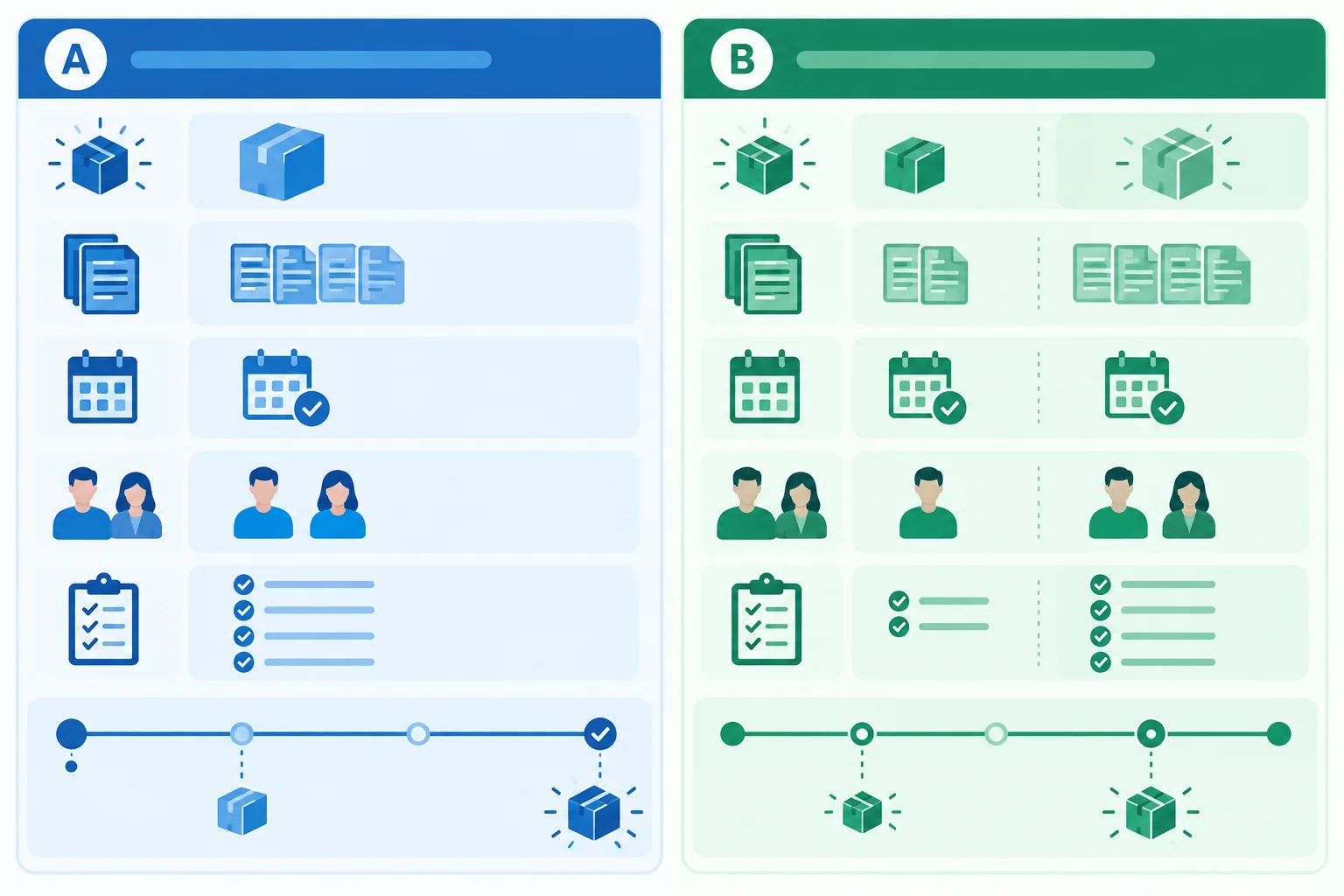 Diagrama com dois pacotes lado a lado, comparados por entrega, escopo, datas, capacidade e critérios; o segundo tem uma entrega inicial menor mais cedo e conclusão total posterior.