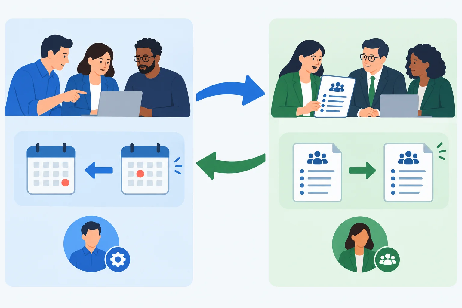 Diagrama com duas equipes: uma antecipa um prazo e a outra fornece uma lista em data definida; setas conectam os dois ajustes.