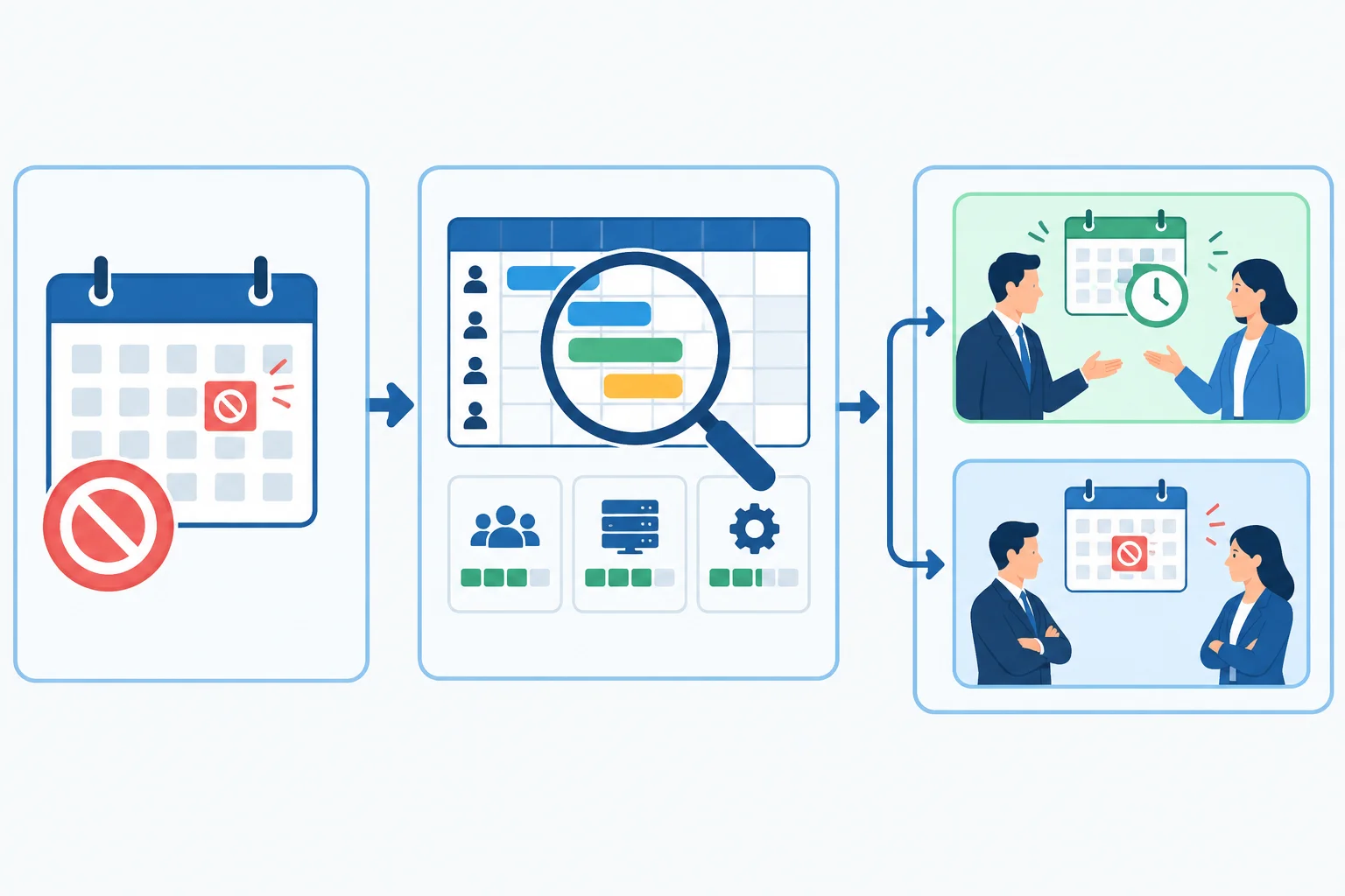 Diagrama mostra um prazo bloqueado, uma verificação de capacidade e dois resultados possíveis: reconsiderar ou manter a posição.