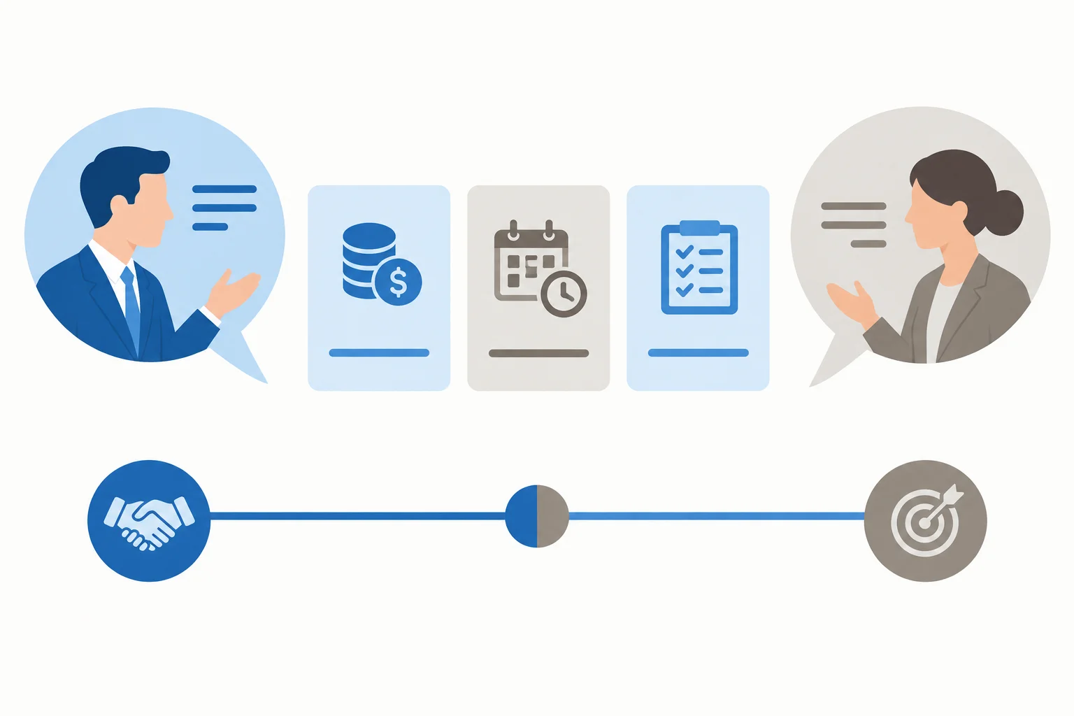 Diagrama mostrando duas partes com condições centrais que não se sobrepõem e uma linha de encerramento neutra.