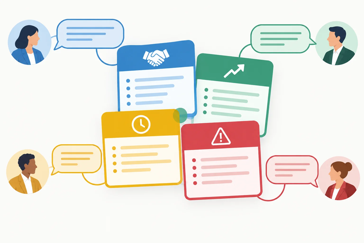 Diagrama com quatro cartões de evidência conectados a falas de negociação, com áreas sobrepostas em vez de uma sequência linear.