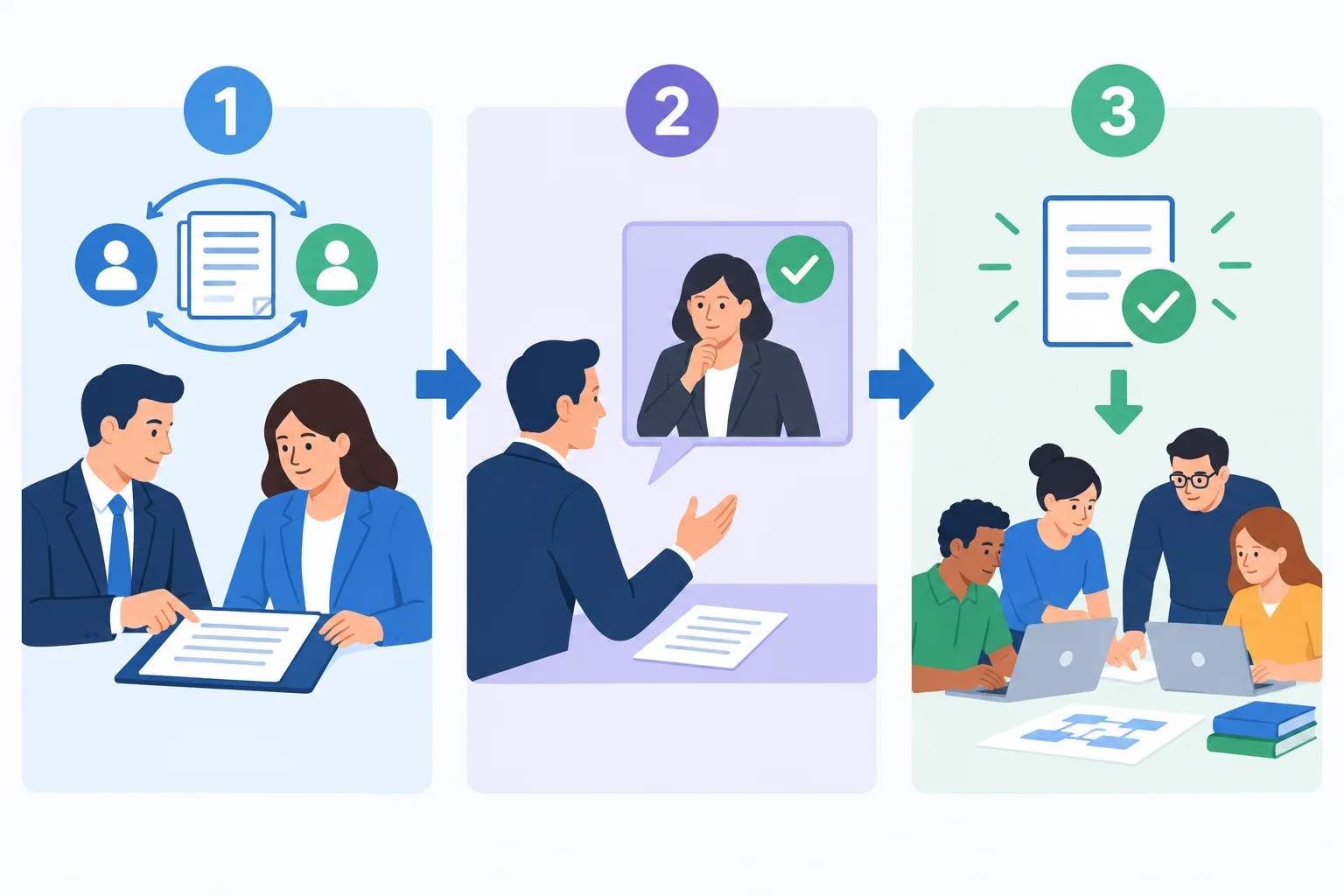 Diagrama com três etapas: conferência conjunta do pacote, consulta a uma autoridade e início do trabalho somente após autorização.