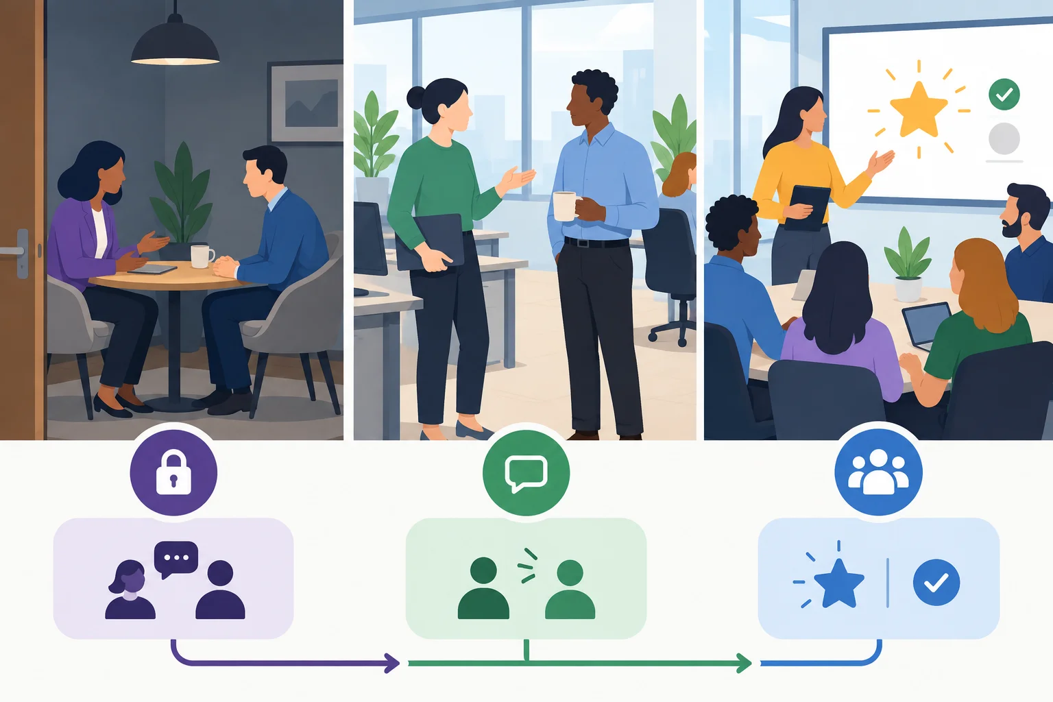 Diagrama comparando conversa privada, conversa breve após uma tarefa e reconhecimento em grupo condicionado à preferência.