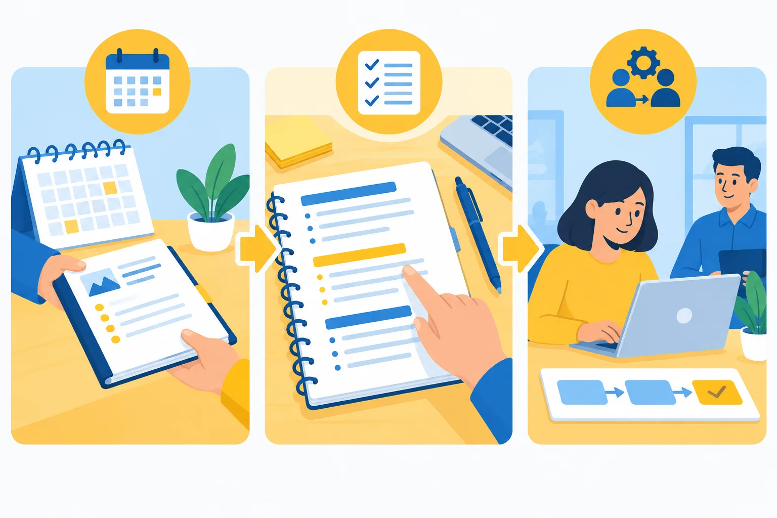 Três etapas visuais conectadas: situação de trabalho, ação observável e contribuição para a tarefa seguinte.