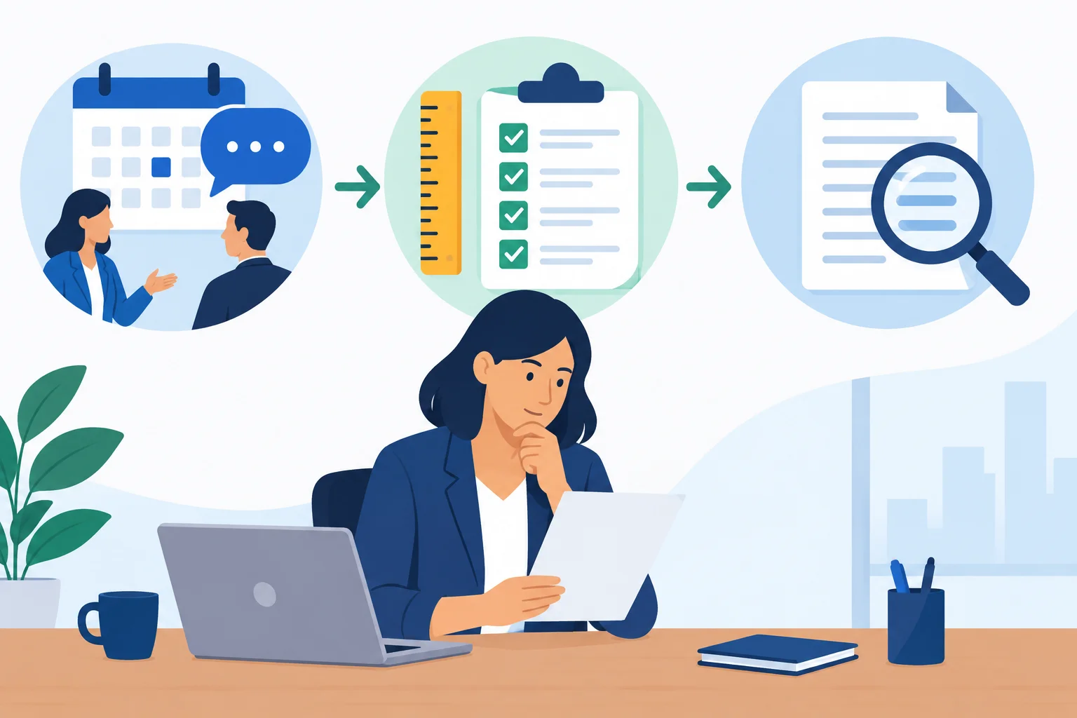 Diagrama com três verificações antes de responder a um feedback: episódio concreto, critério de avaliação e fato a conferir.
