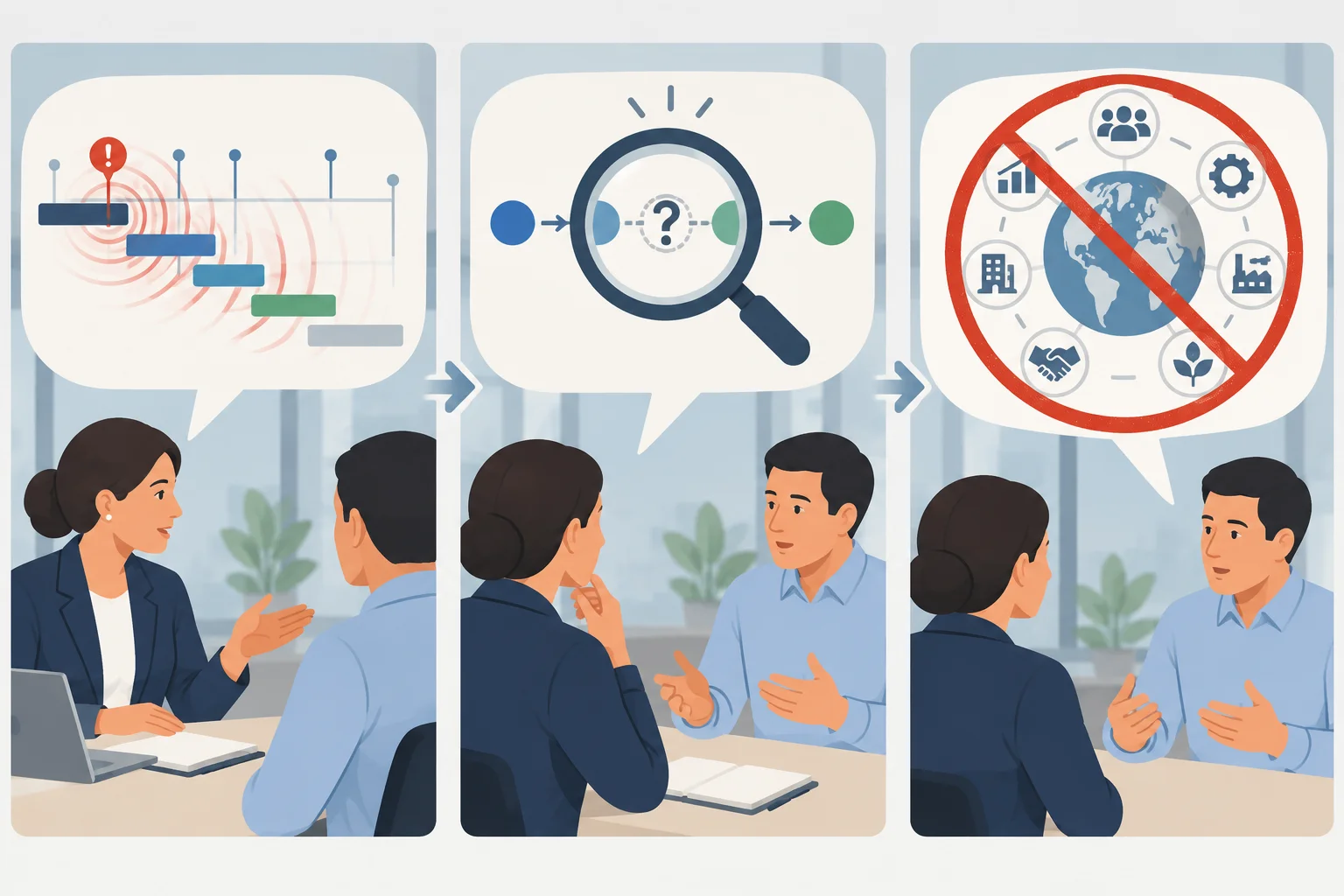 Diagrama em três partes: impacto percebido, explicação causal ainda a verificar e julgamento amplo que não deve ser aceito automaticamente.