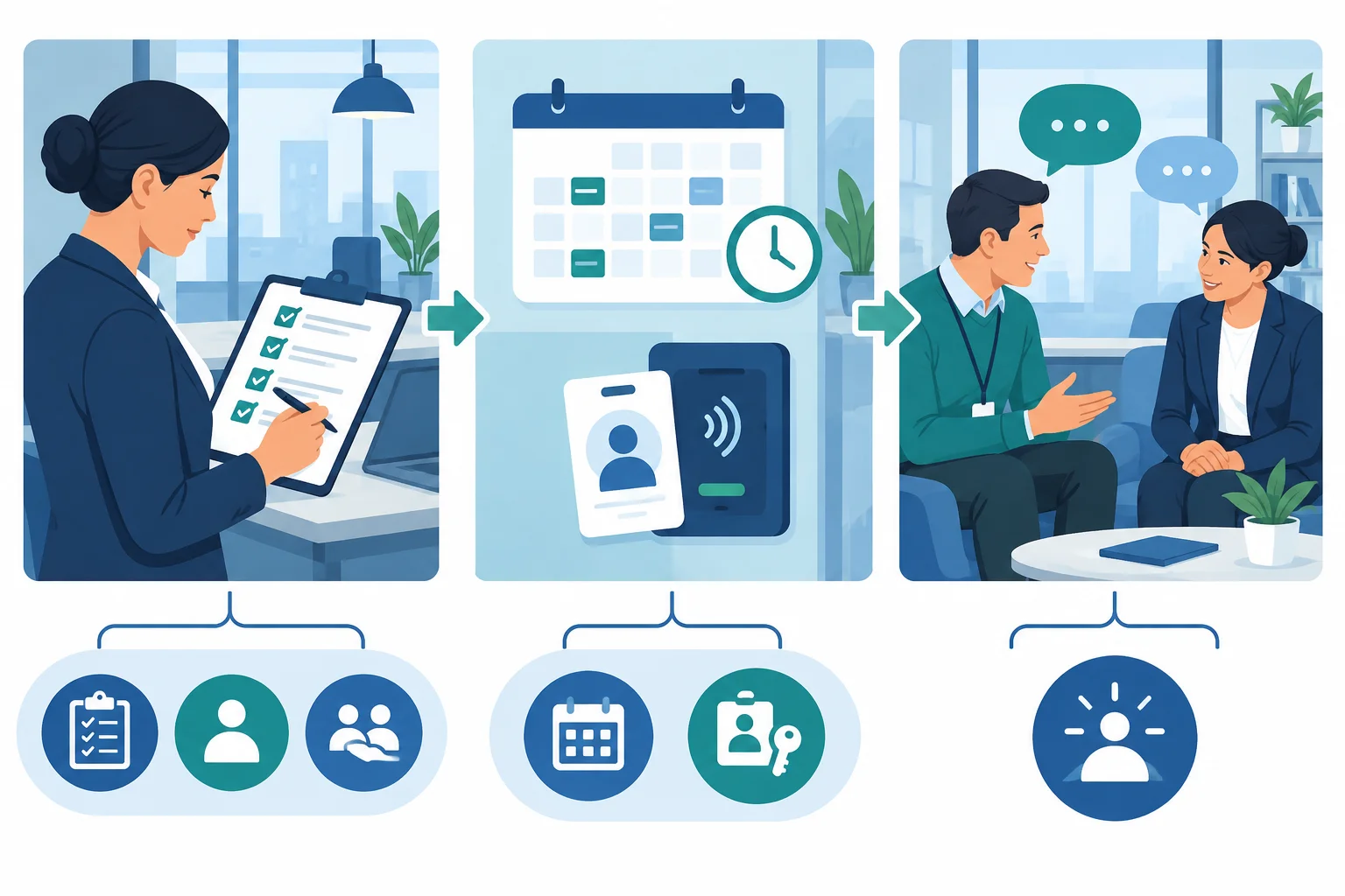 Diagrama com uma ação de handover conectada a oportunidade de prática, acesso ao sistema e apoio de uma colega.
