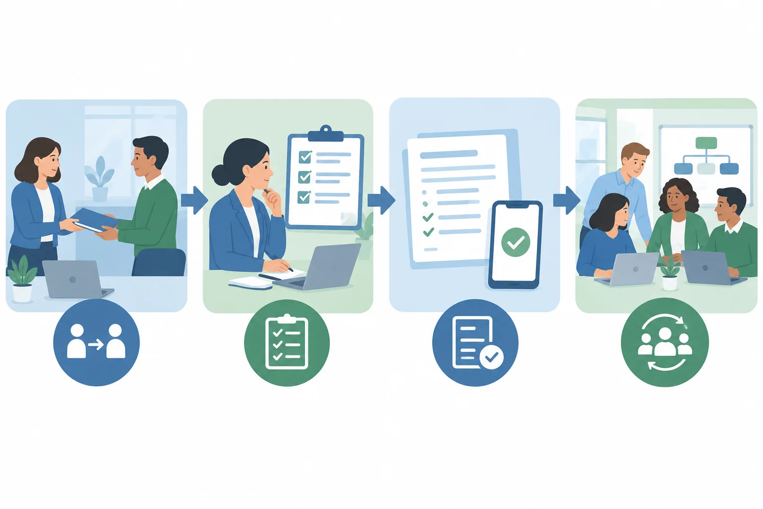 Diagrama mostrando uma ação observável, um critério, uma evidência e um resultado mais amplo conectados em sequência.