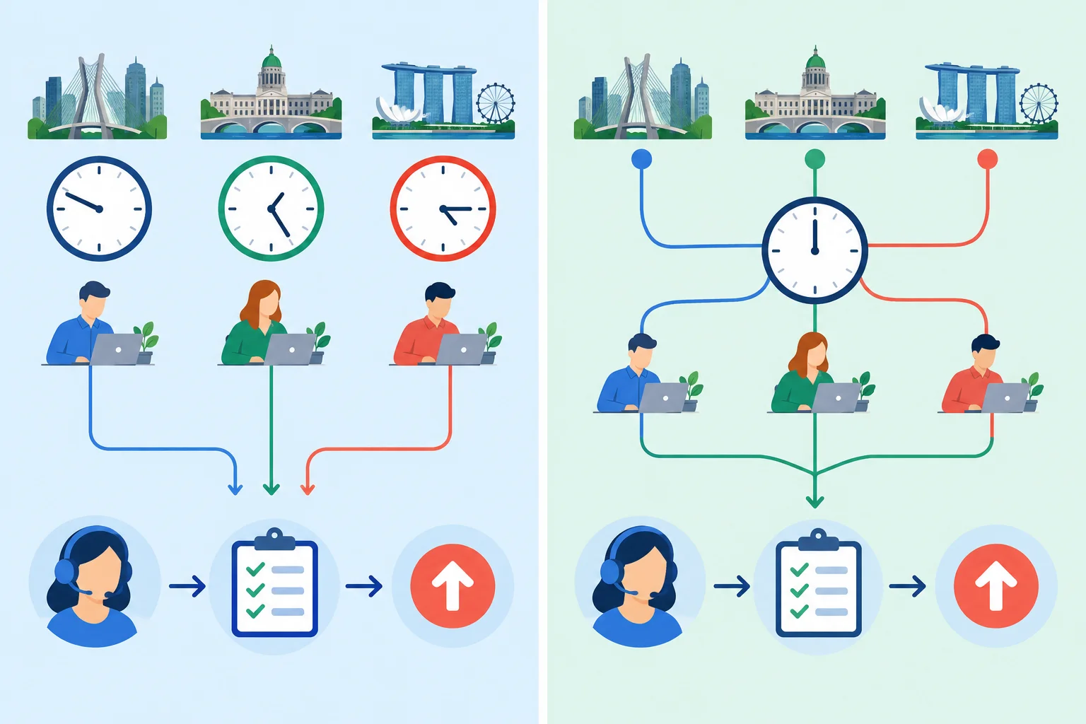 Comparação entre revisões coordenadas por horários locais e por um relógio UTC, com itens de Customer Support, aprovação e escalonamento mantidos iguais.