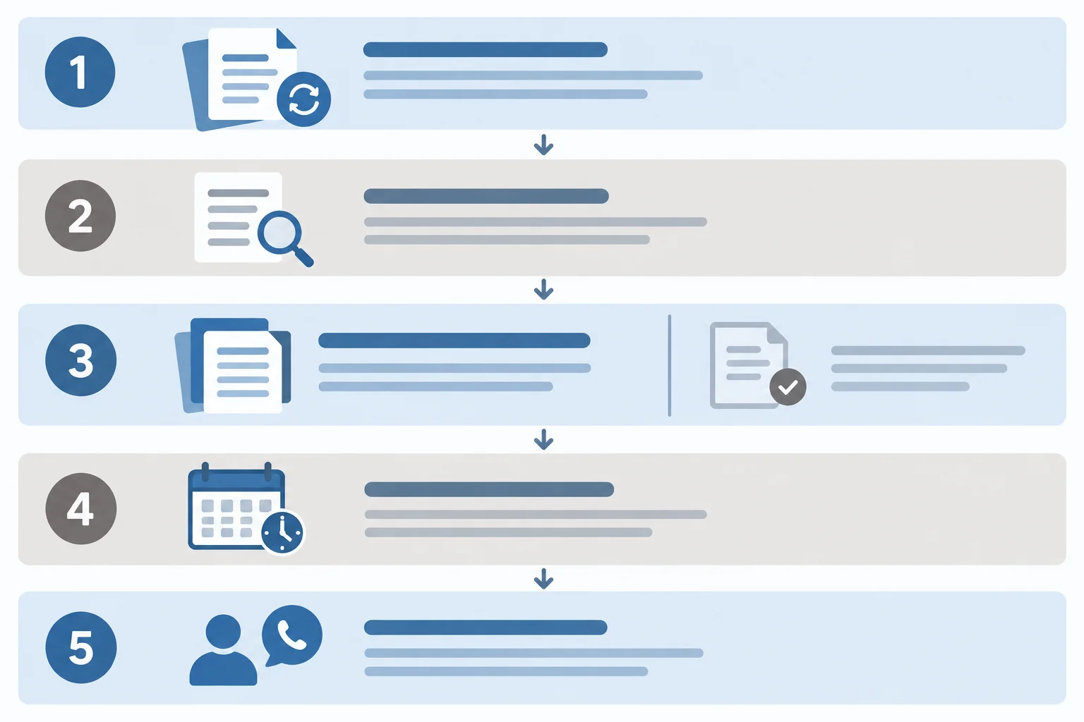 Diagrama de cinco blocos que organiza um comunicado: mudança, motivo, alcance, vigência e próximo passo.