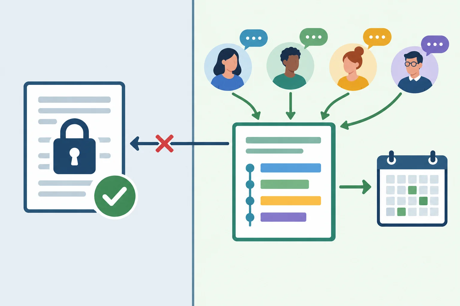 Diagrama mostrando uma decisão fechada à esquerda e detalhes de implementação abertos a contribuições à direita.