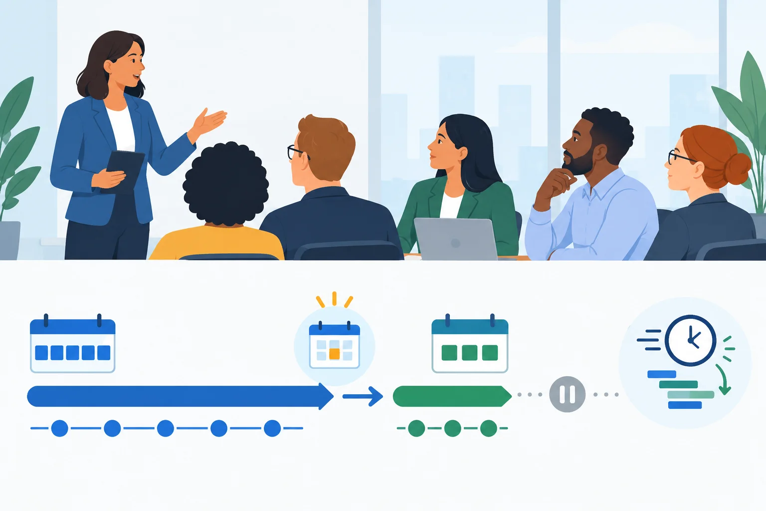 Diagrama de uma fala que apresenta a redução da janela de revisão, a data de início e o impacto sobre o tempo de planejamento.