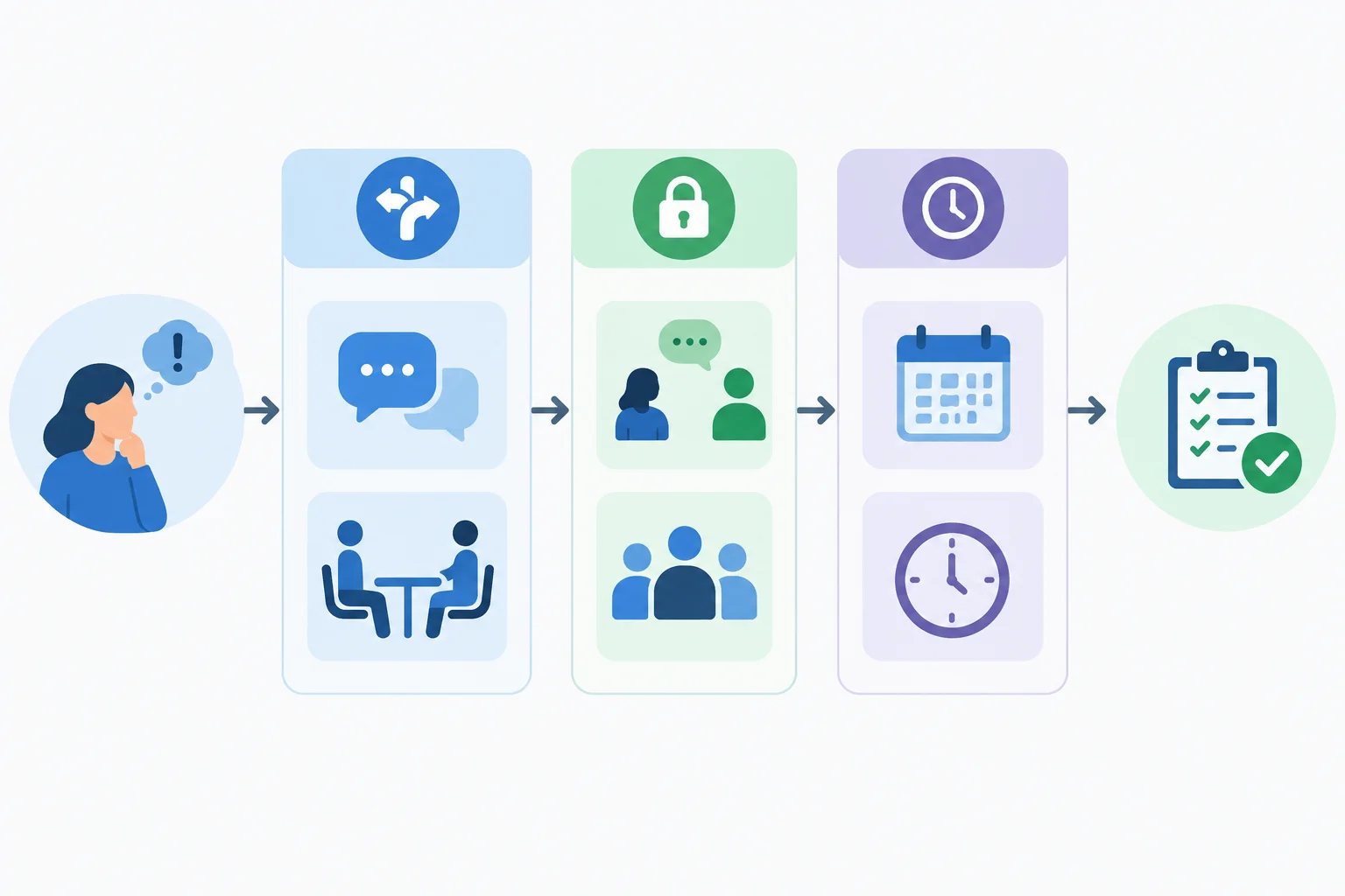 Diagrama que mostra uma preocupação passando por escolhas de canal, privacidade e momento até um encaminhamento combinado.