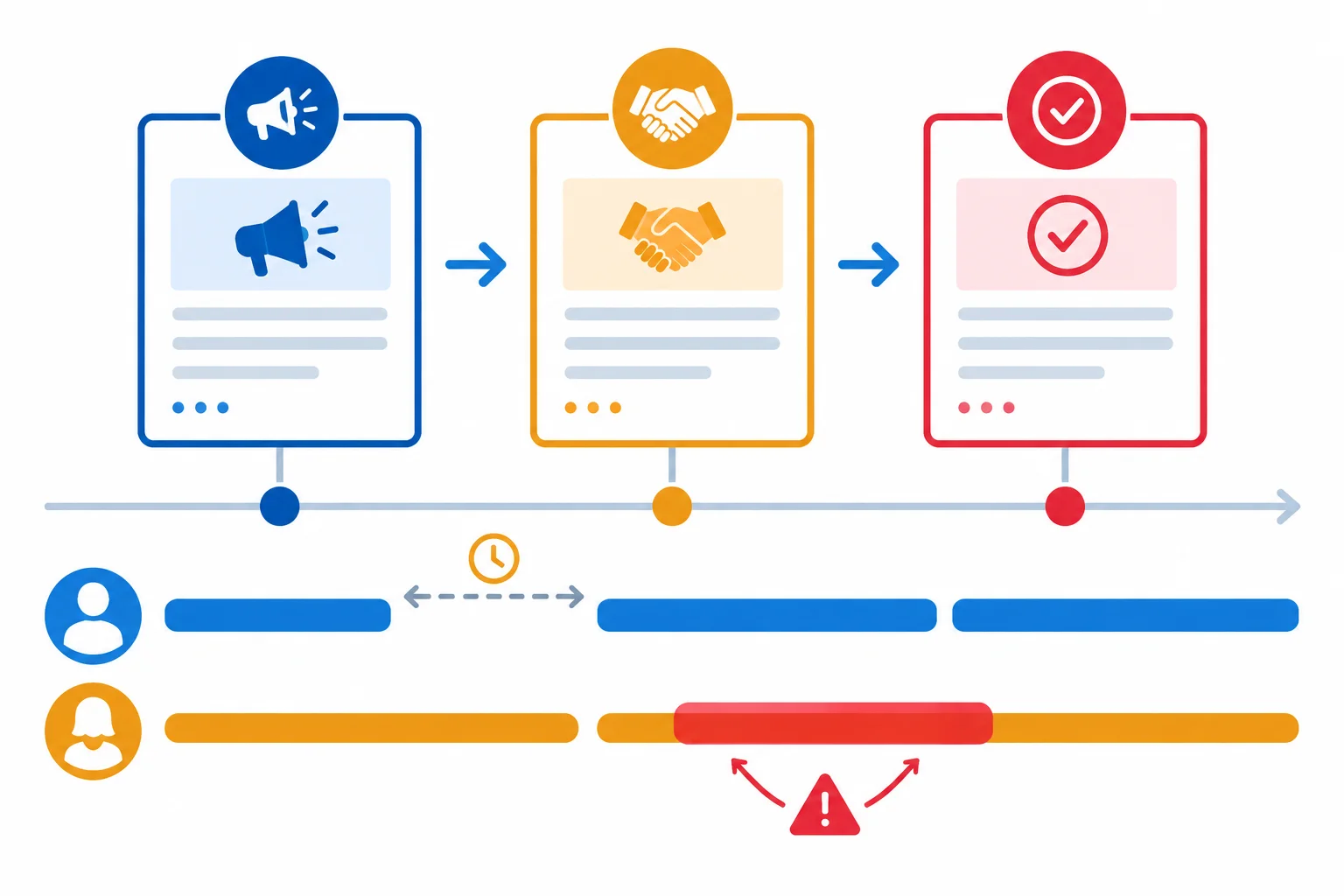 Diagrama com três registros acima de uma linha do tempo, mostrando uma lacuna, uma sobreposição e uma condição pendente.