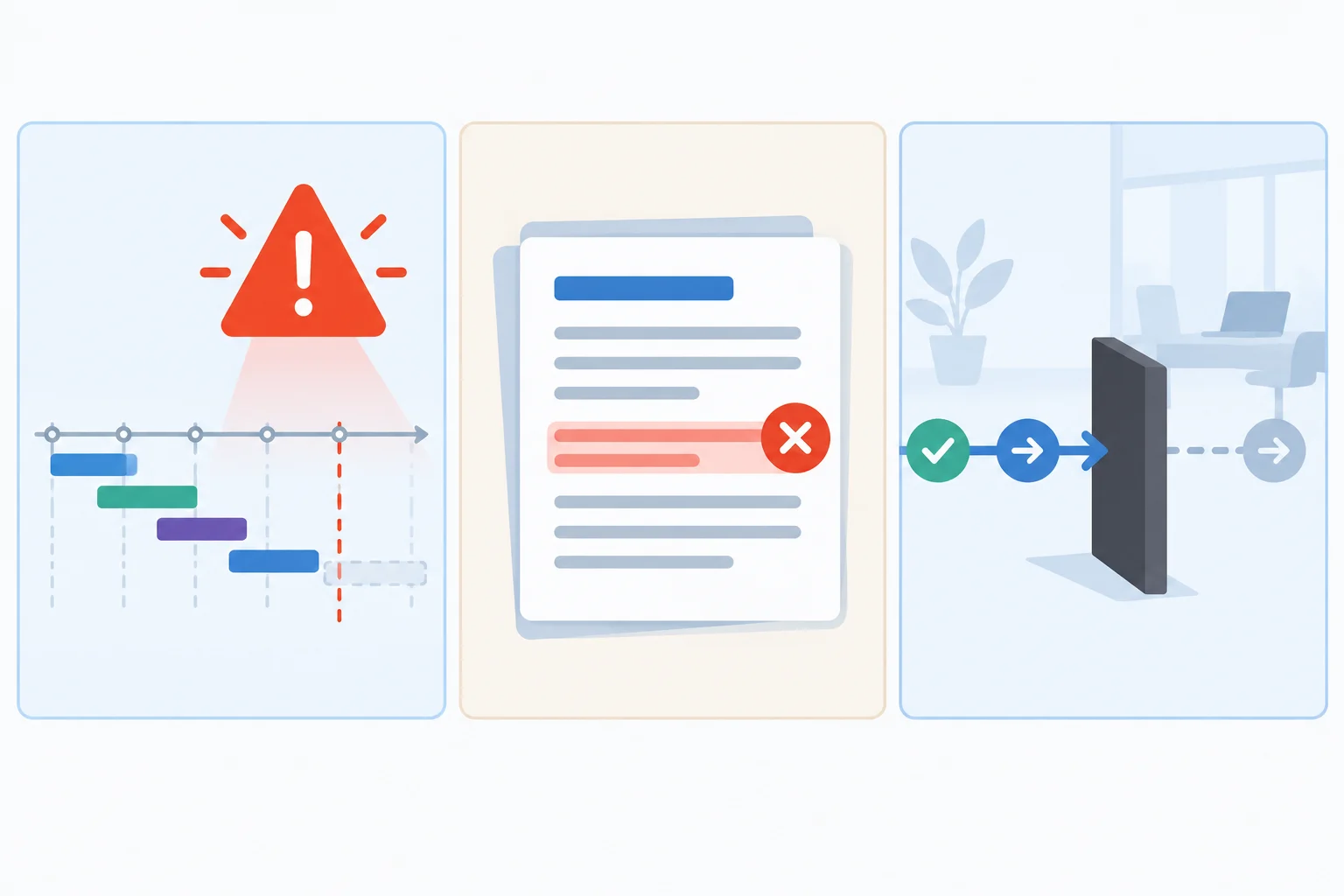 Diagrama com um alerta futuro, um problema presente e uma barreira interrompendo um fluxo de trabalho.