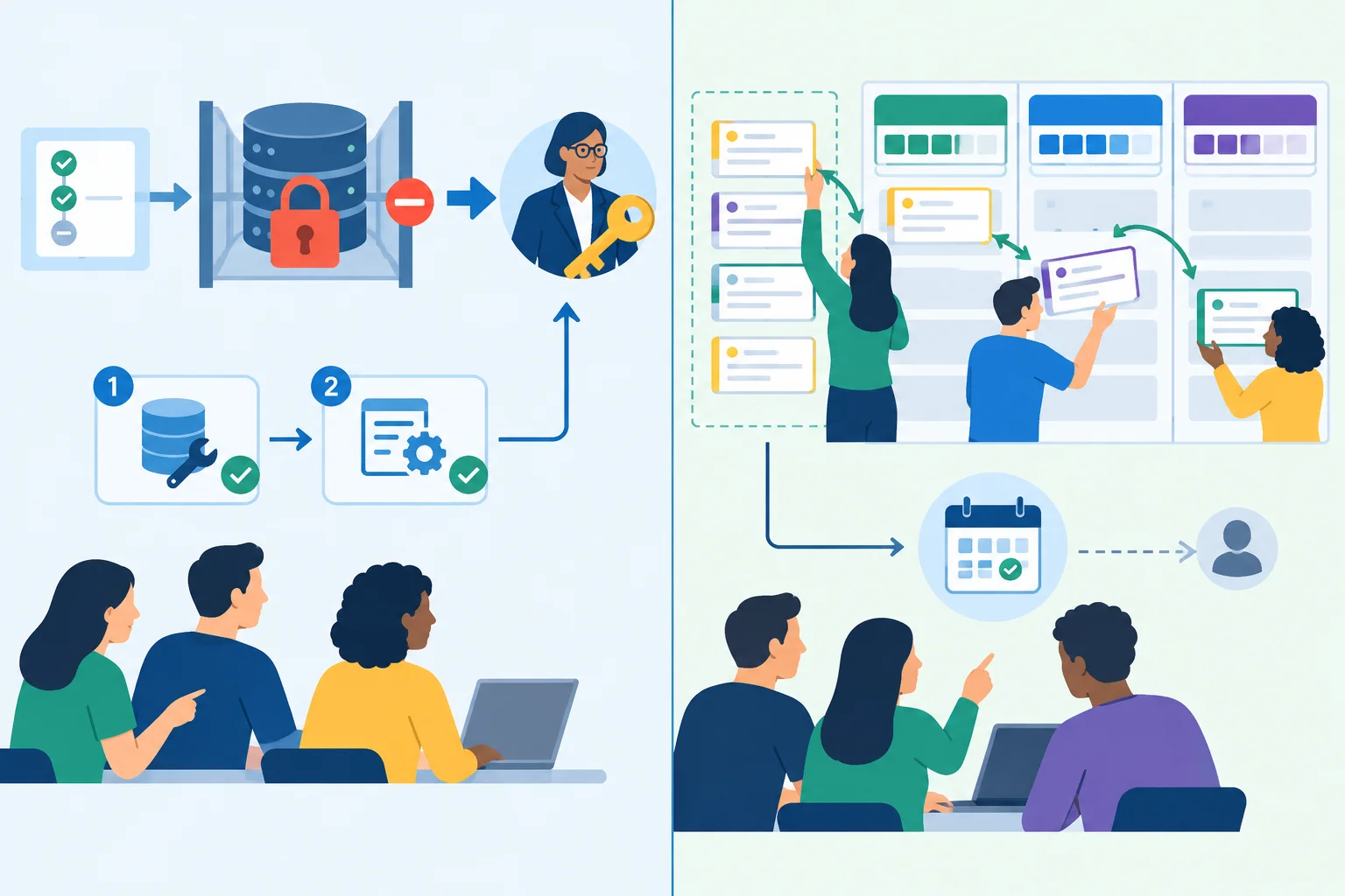 Diagrama comparando uma validação bloqueada por acesso externo e uma capacidade de testes ainda reorganizável pela equipe.
