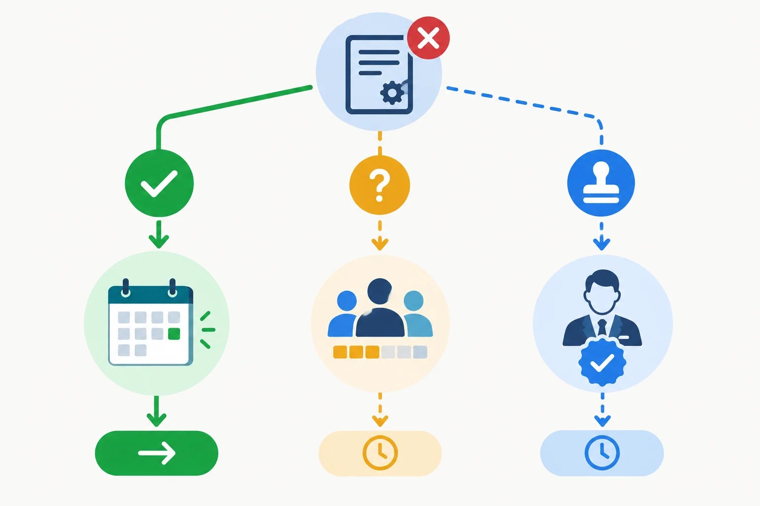 Diagrama com um bloqueio central e três alternativas: uma executável, uma dependente de confirmação de capacidade e outra dependente de autorização.