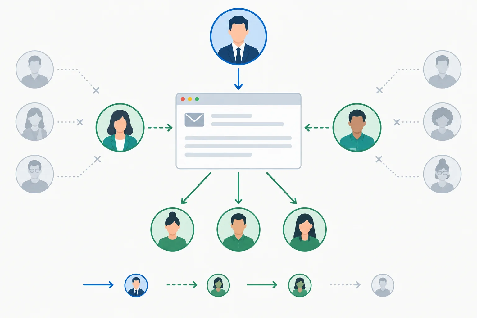 Diagrama de uma mensagem de escalonamento com um decisor principal, pessoas em cópia com função definida e destinatários desnecessários fora da mensagem.