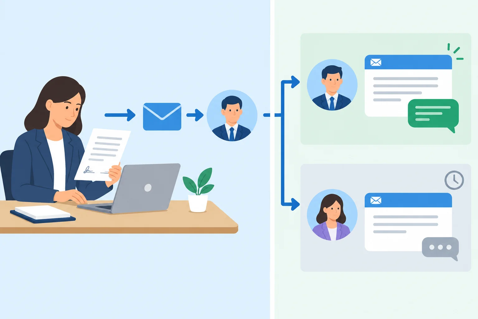 Diagrama com a mesma ação de revisar um contrato e enviar um e-mail, seguida por dois resultados possíveis: cliente responde ou ainda não responde.