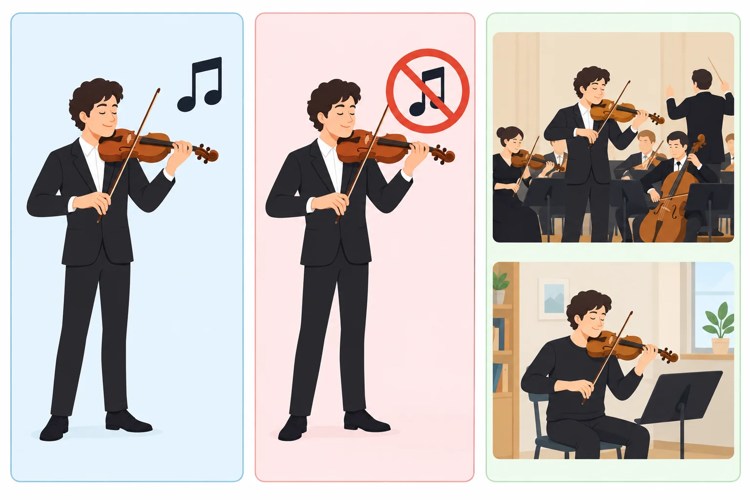 Diagrama em três painéis: ser violinista implica ser músico; negar que seja músico entra em conflito; tocar em orquestra pode ocorrer ou não.
