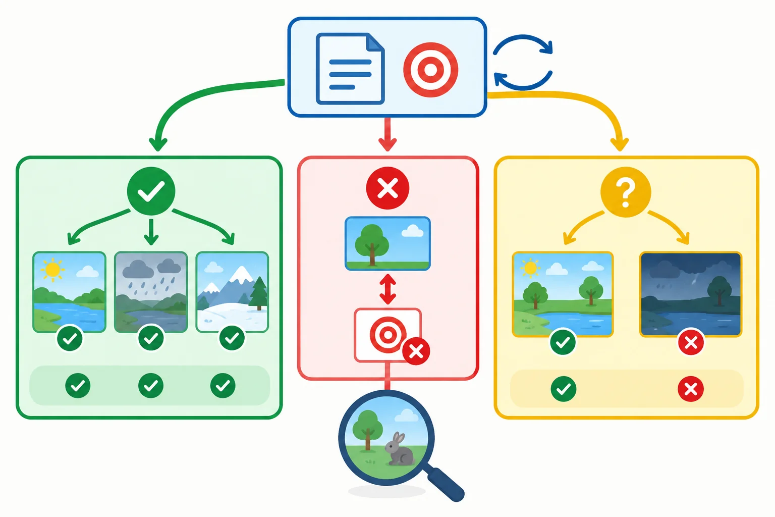 Diagrama com uma afirmação de partida levando a três resultados: consequência em todos os cenários, conflito e variação entre cenários.